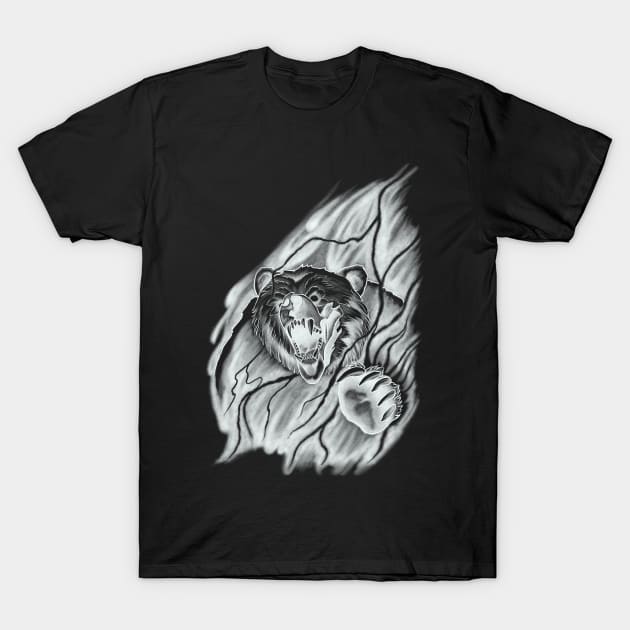 Roaring Bear breaking through the Mist in a Lightning Storm Tattoo Design T-Shirt by Tred85